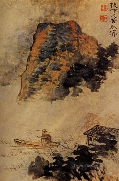 Shitao los pescadores en el acantilado 1693 China tradicional Pinturas al óleo